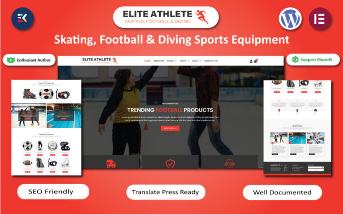 Elite Athlete - Paten, Futbol ve Dalış Spor Ekipmanları WooCommerce Elementor Şablonu